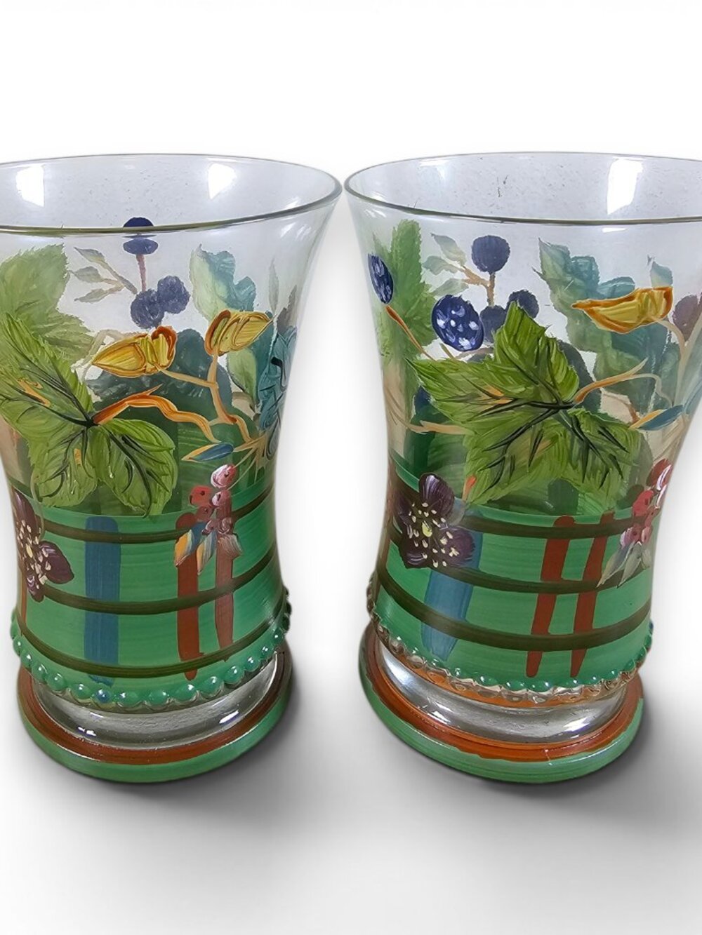 Tracy Porter Beloved Country Highball Glasses Set of 2 Green Floral Plaid 5.5"